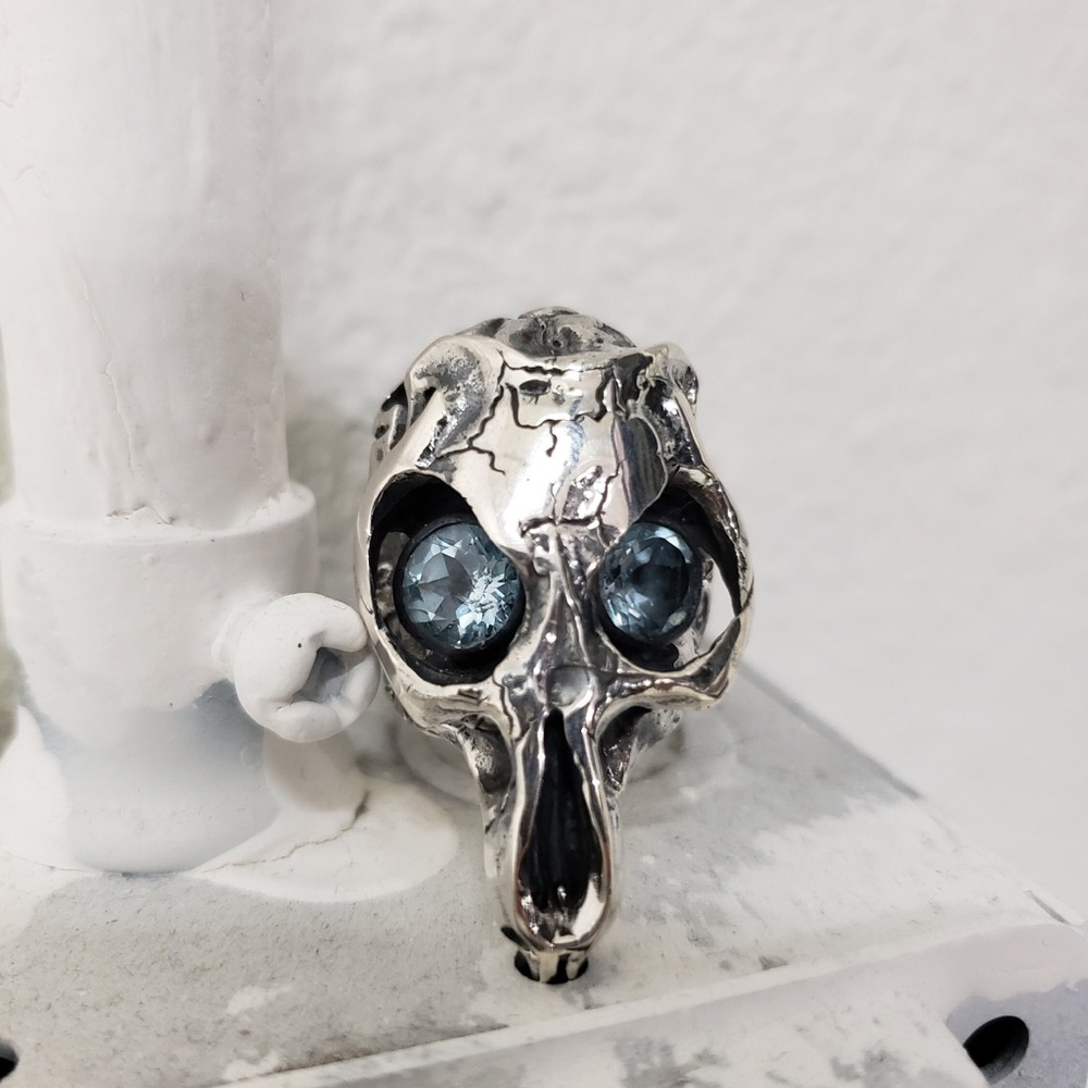 Jungle Tribe Solid Sterling Silver Wild Skull Ring with Topaz Eyes, NWT, 5.5